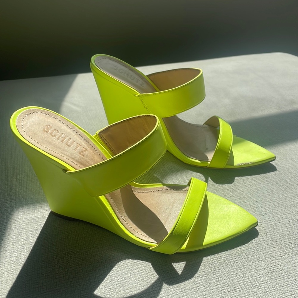 Schutz neon yellow wedge heels